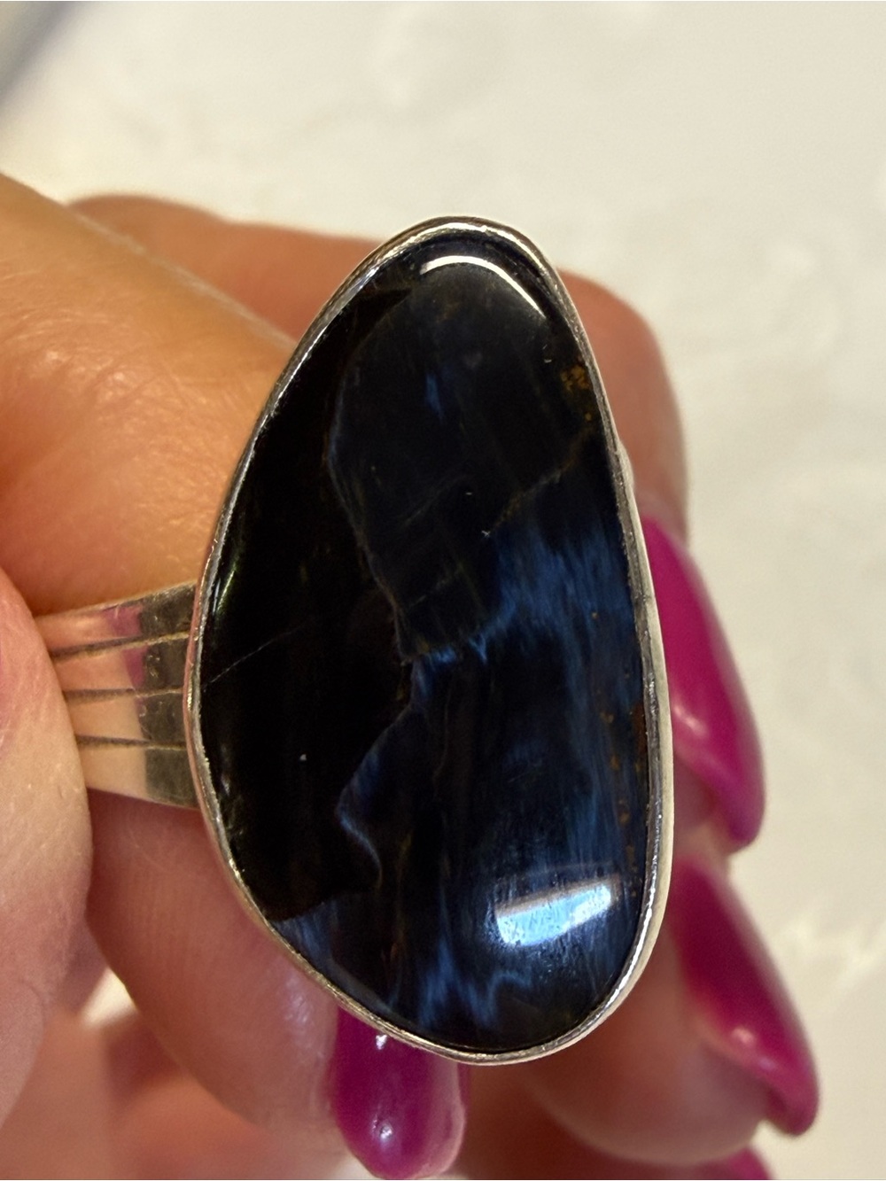 Size 9 Handcrafted Teardrop Black-Blue Stone Ring